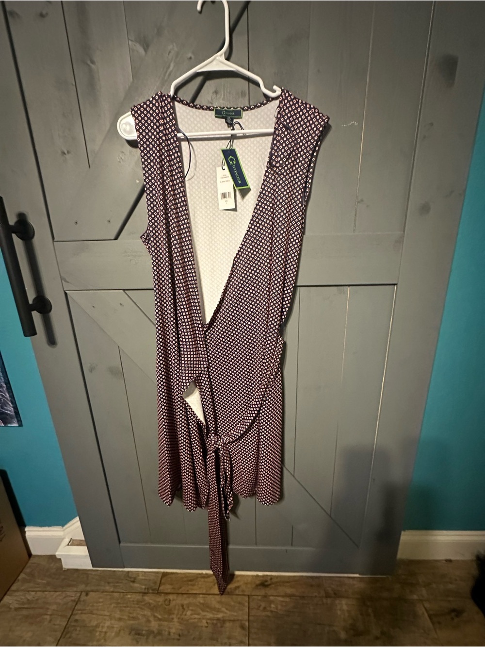 C. Wonder Burgundy Geometric Sleeveless Wrap Dress Size L NWT